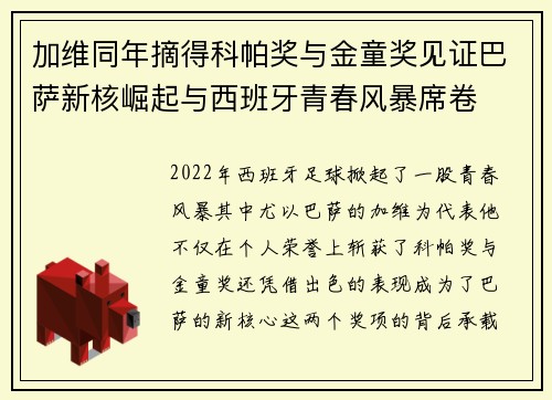 加维同年摘得科帕奖与金童奖见证巴萨新核崛起与西班牙青春风暴席卷 加维同年摘得科帕奖与金童奖见证巴萨新核崛起与西班牙青春风暴席卷