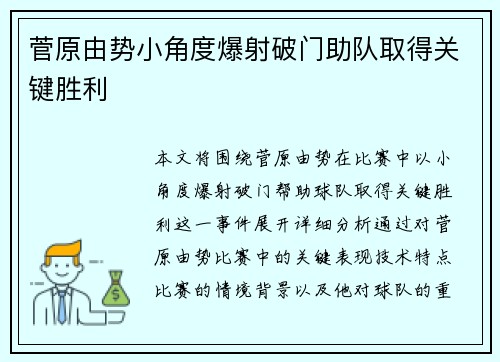 菅原由势小角度爆射破门助队取得关键胜利